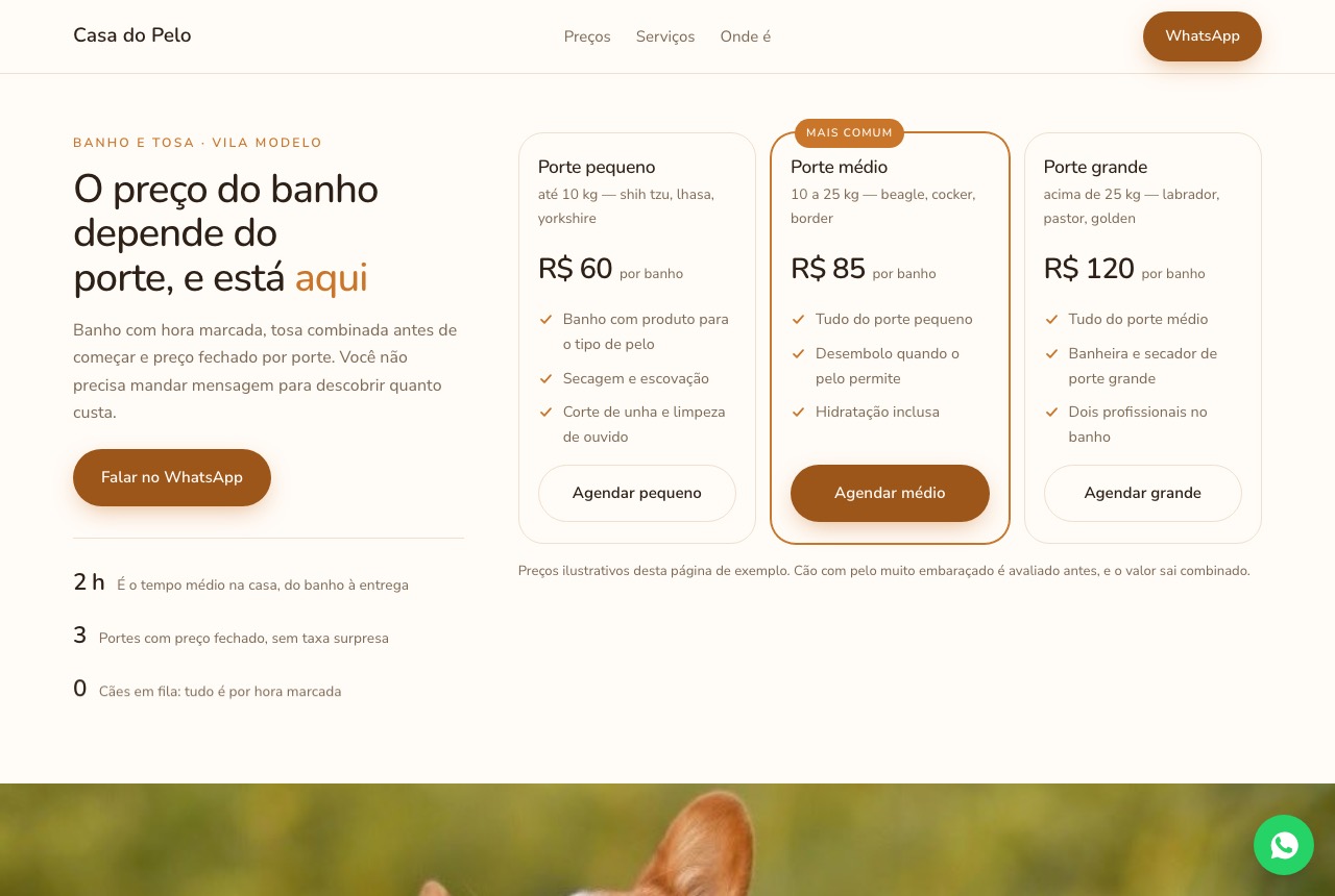 Página de exemplo de banho e tosa, com três faixas de preço por porte comparadas lado a lado