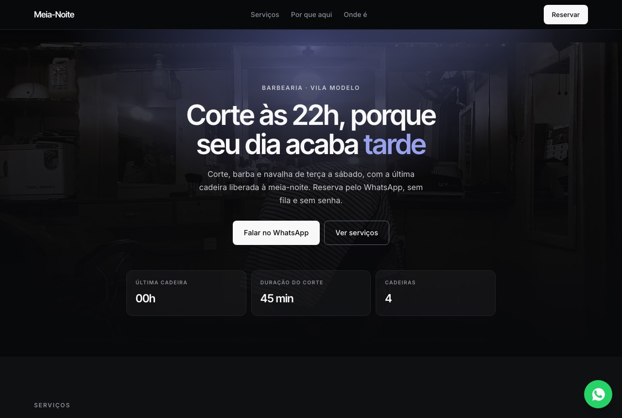Página de exemplo de barbearia, escura, com um halo de luz e a foto de uma barbearia à noite