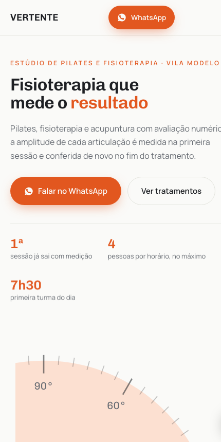A mesma página de fisioterapia aberta num celular, mostrando que o desenho se adapta à tela