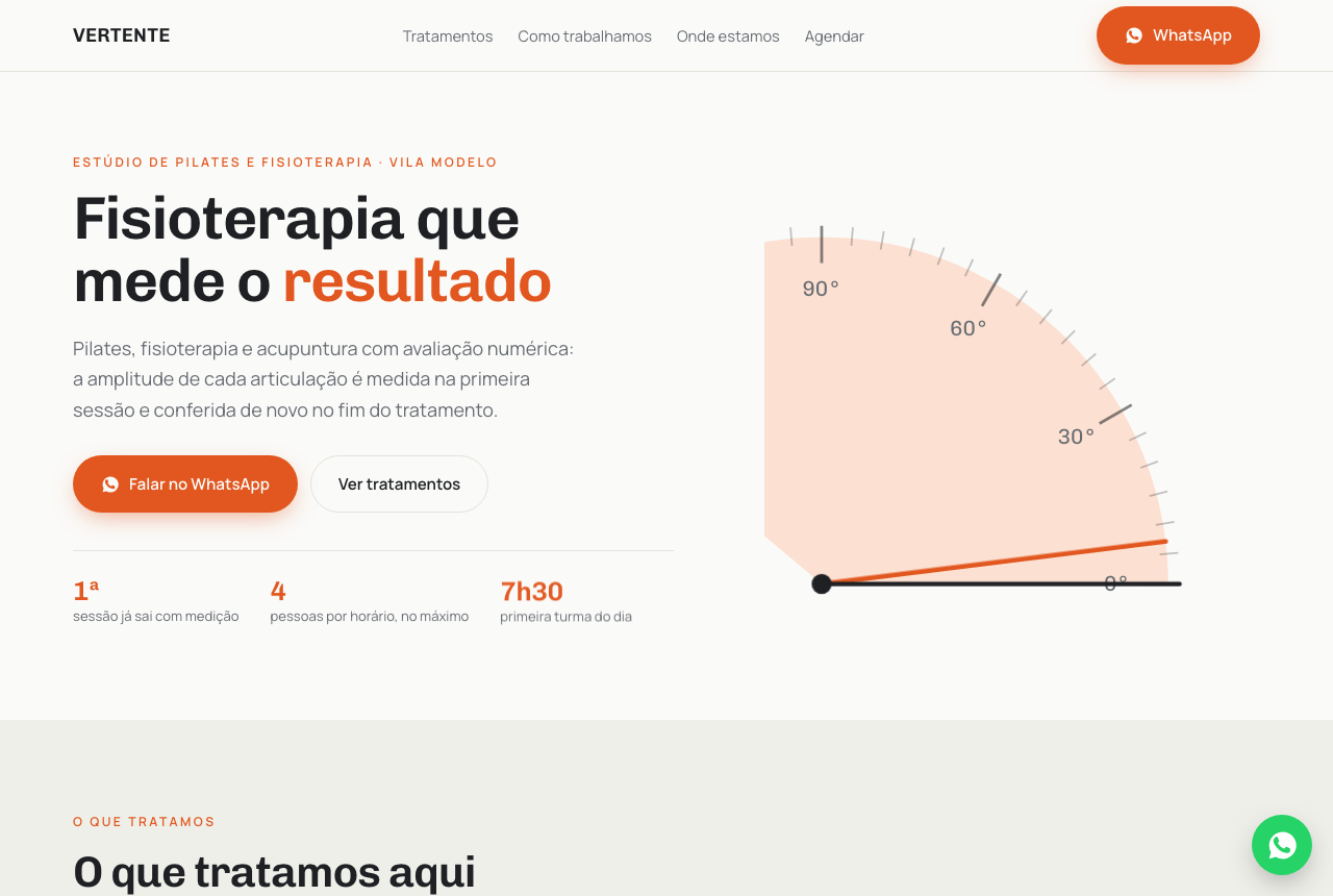Página de exemplo de estúdio de fisioterapia, com goniômetro que mostra a amplitude das articulações