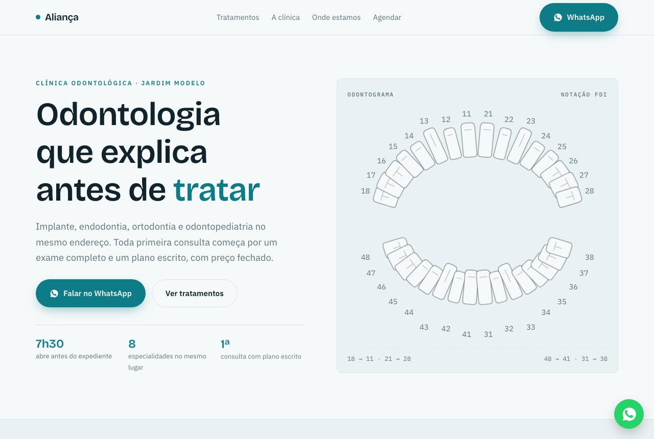 Página de exemplo de clínica odontológica, com odontograma desenhado e botão de WhatsApp