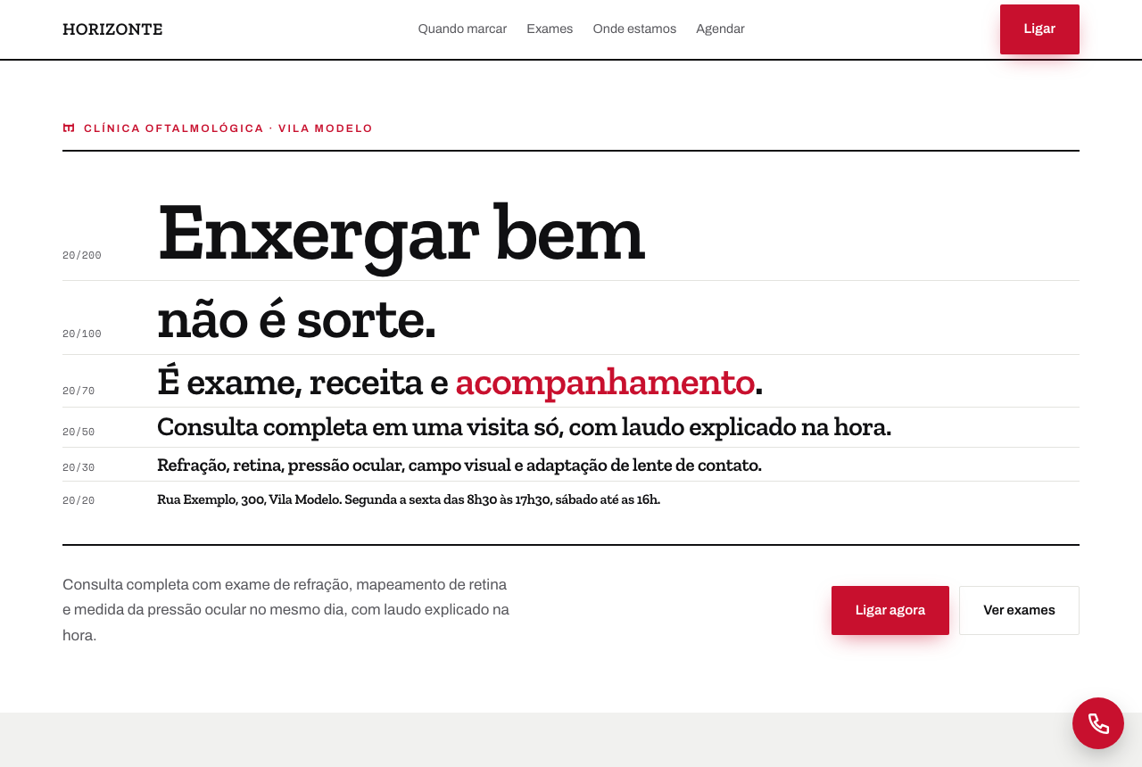 Página de exemplo de clínica oftalmológica, desenhada como uma tabela de exame de vista