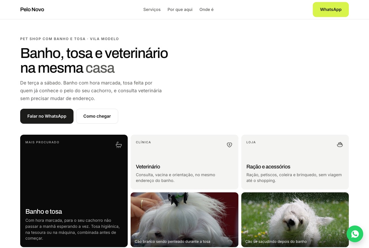 Página de exemplo de pet shop, com os serviços e as fotos em blocos de tamanhos diferentes