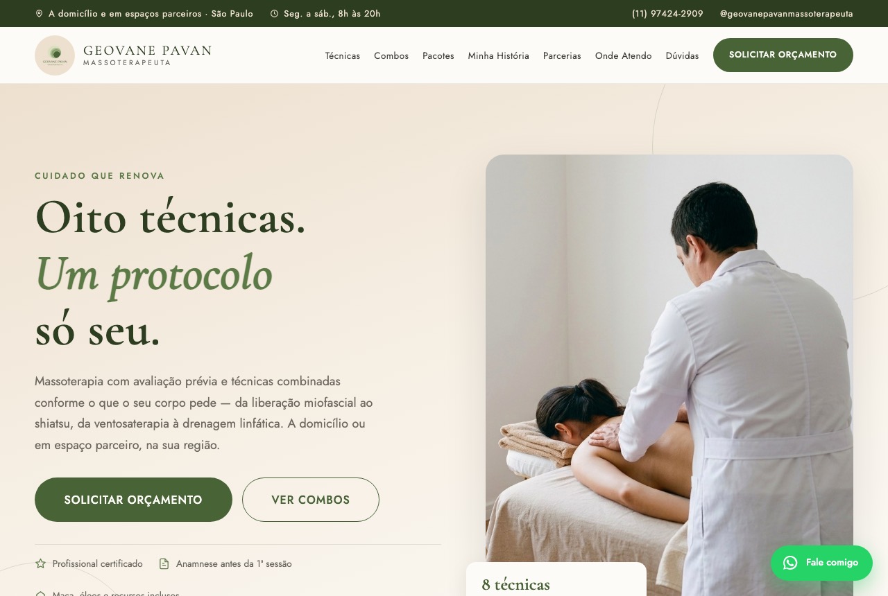 Página do massoterapeuta Geovane Pavan: título grande anunciando oito técnicas, foto de um atendimento em maca e dois botões de orçamento